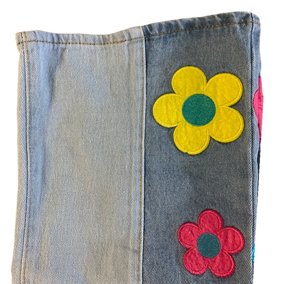 Blue Flower Power Hippie Embroidery Patchwork Flare High Waisted Wide Leg Jeans - Picture 9 of 14